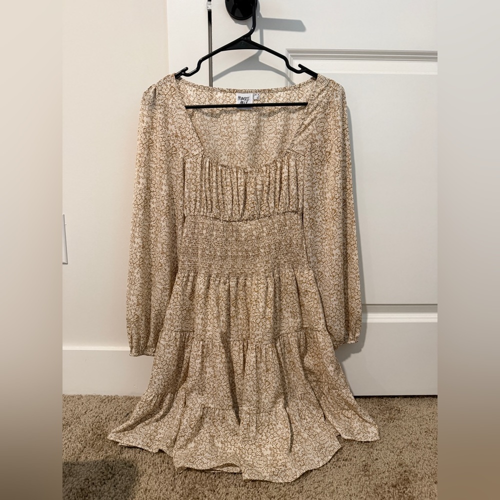 Princess Polly Beige Floral Smocked Tiered Long-Sleeve Dress